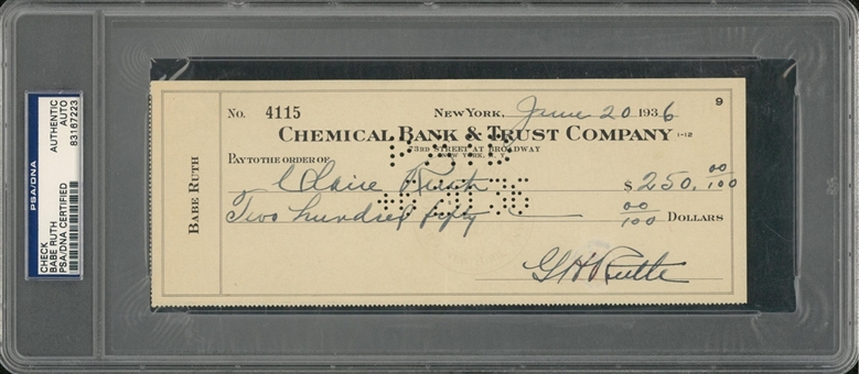 1936 Babe Ruth Signed Check Written Out to Claire Ruth - Dated June 20,  1936 (PSA/DNA Auth)